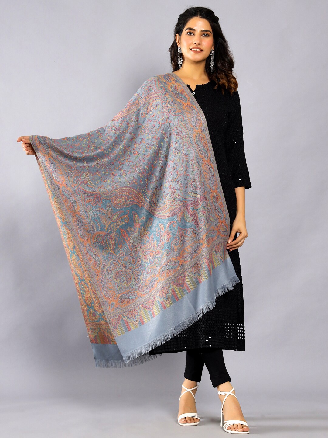 

HANDICRAFT PALACE Floral Woven Design Wool Shawl, Grey