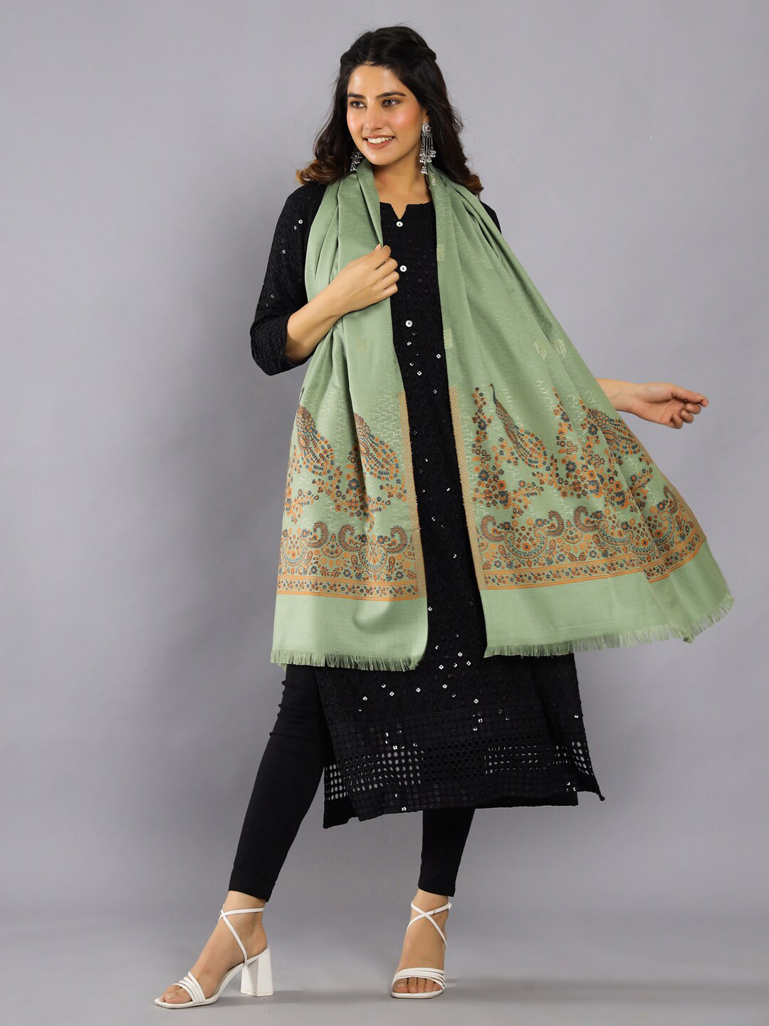 

HANDICRAFT PALACE Women Ethnic Motifs Woven Design Woollen Shawl, Green