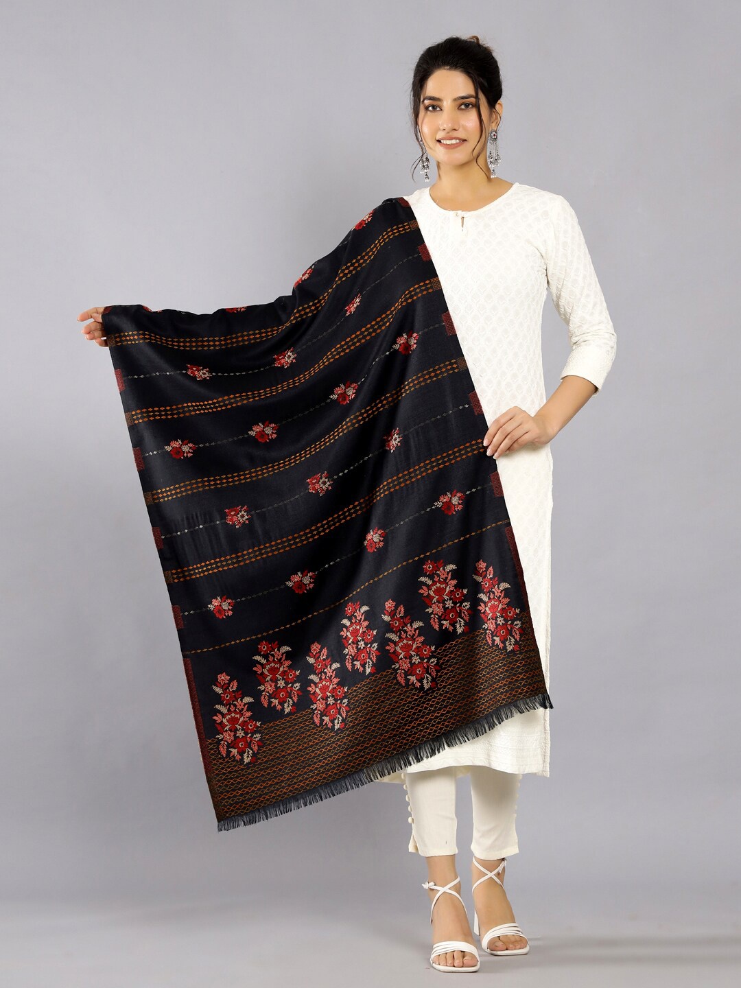 

HANDICRAFT PALACE Ethnic Motifs Woven Design Woollen Shawl, Black