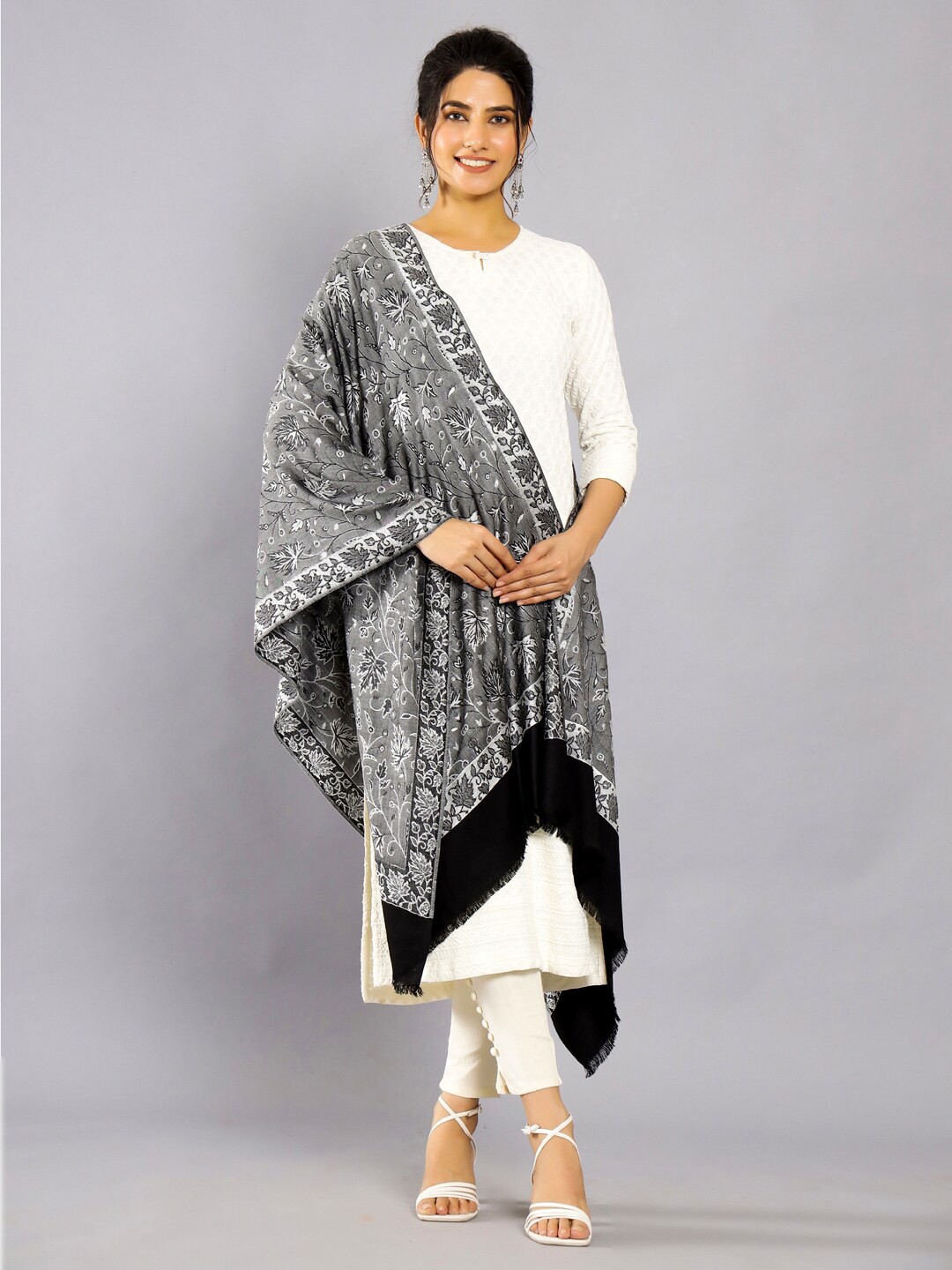 

HANDICRAFT PALACE Floral Woven Design Wool Shawl, Grey