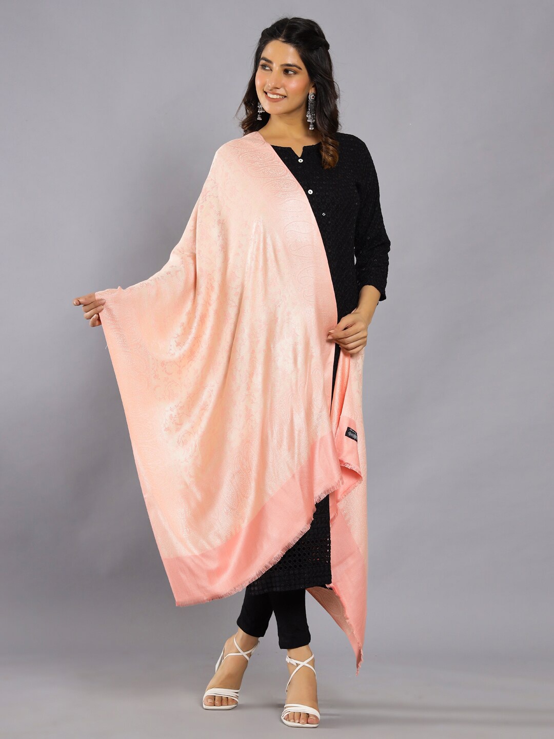 

HANDICRAFT PALACE Floral Woven Design Wool Shawl, Peach