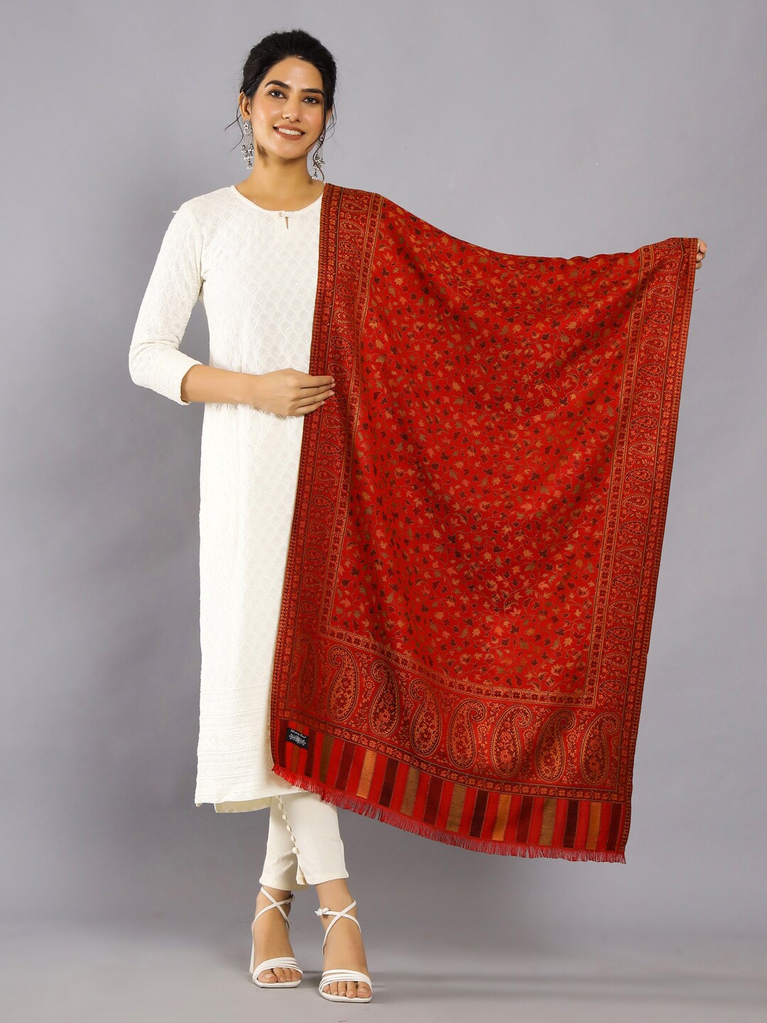 

HANDICRAFT PALACE Ethnic Motifs Woven Design Wool Shawl, Red