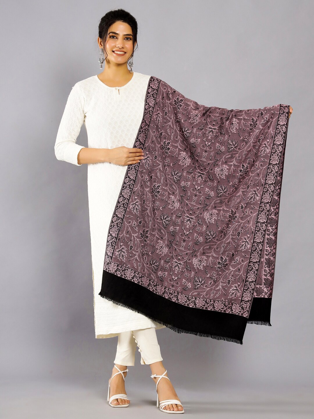 

HANDICRAFT PALACE Floral Woven Design Woollen Shawl, Purple