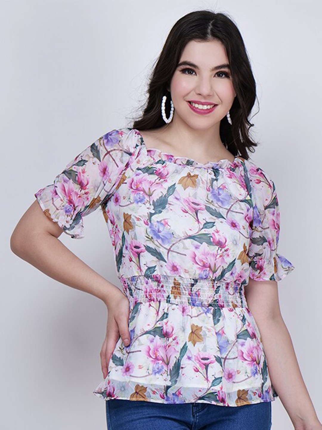 

CHARMGAL Floral Printed Bell Sleeve Smocked Cinched Waist Top, White