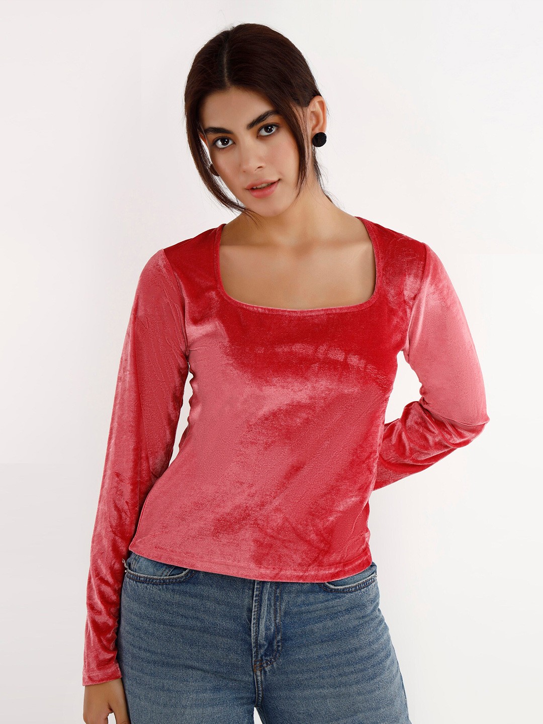 

VISO Square Neck Long Sleeves Velvet Regular Top, Rose