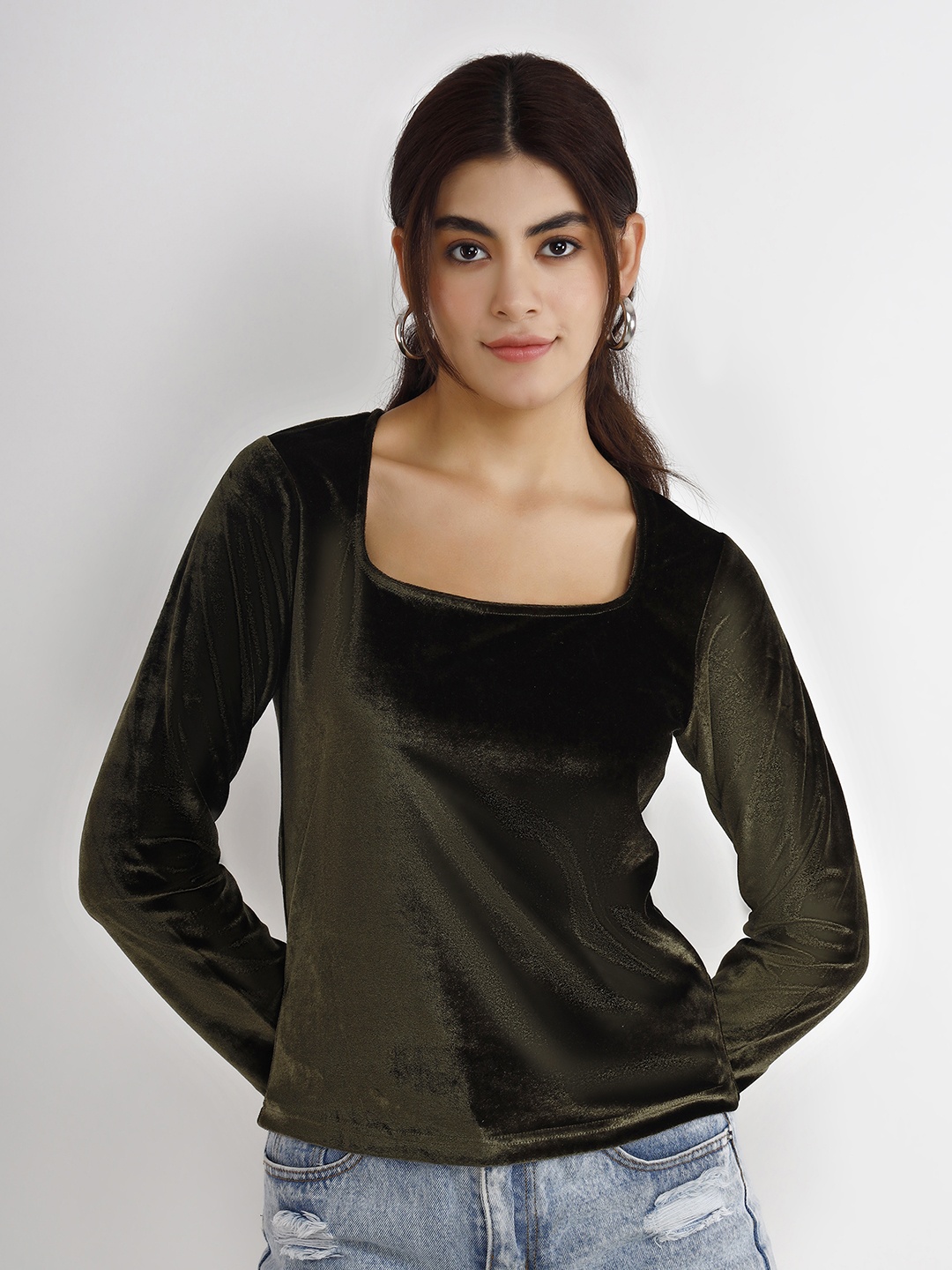 

VISO Square Neck Long Sleeves Velvet Regular Top, Olive