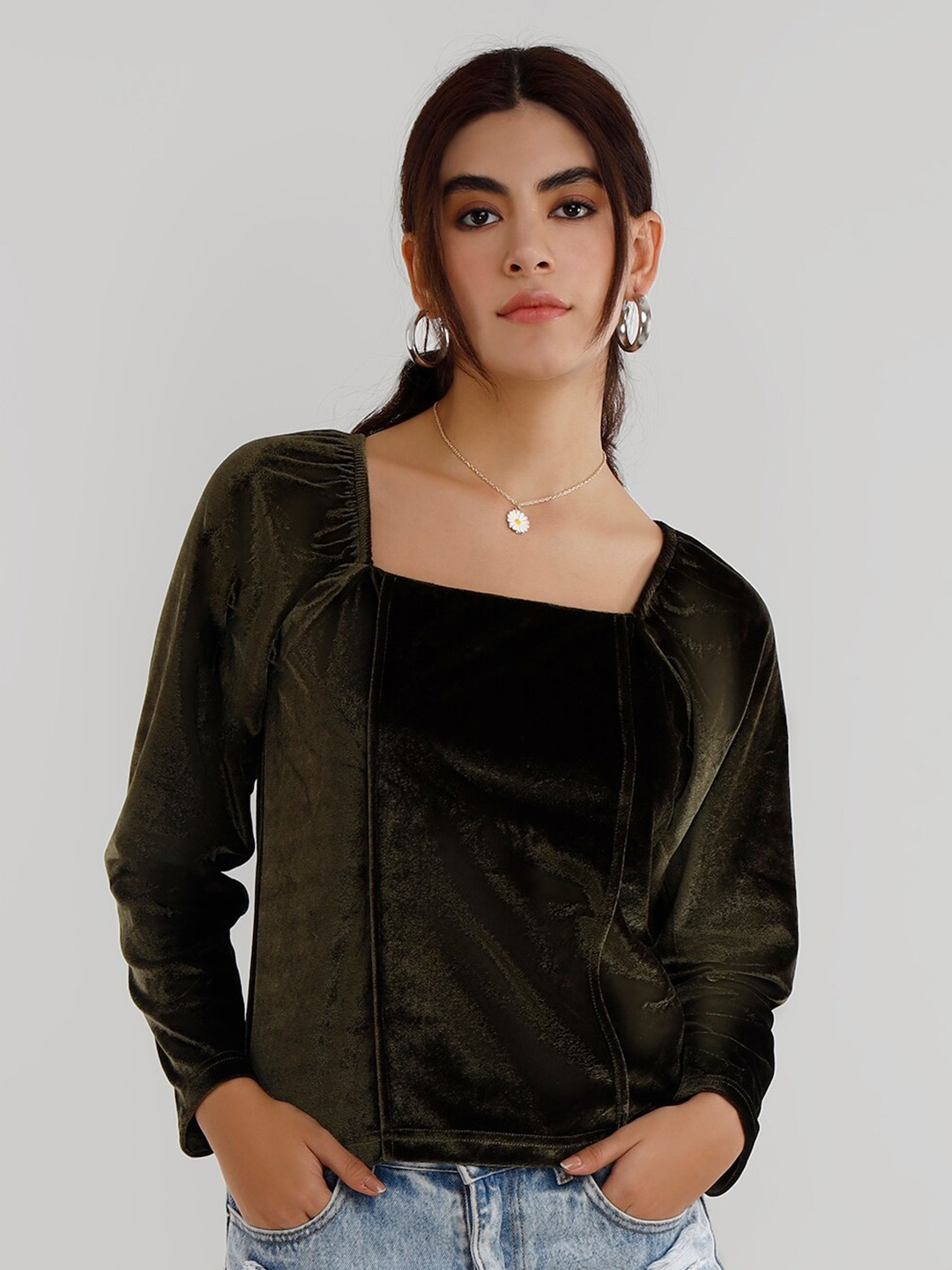 

VISO Square Neck Velvet Top, Olive