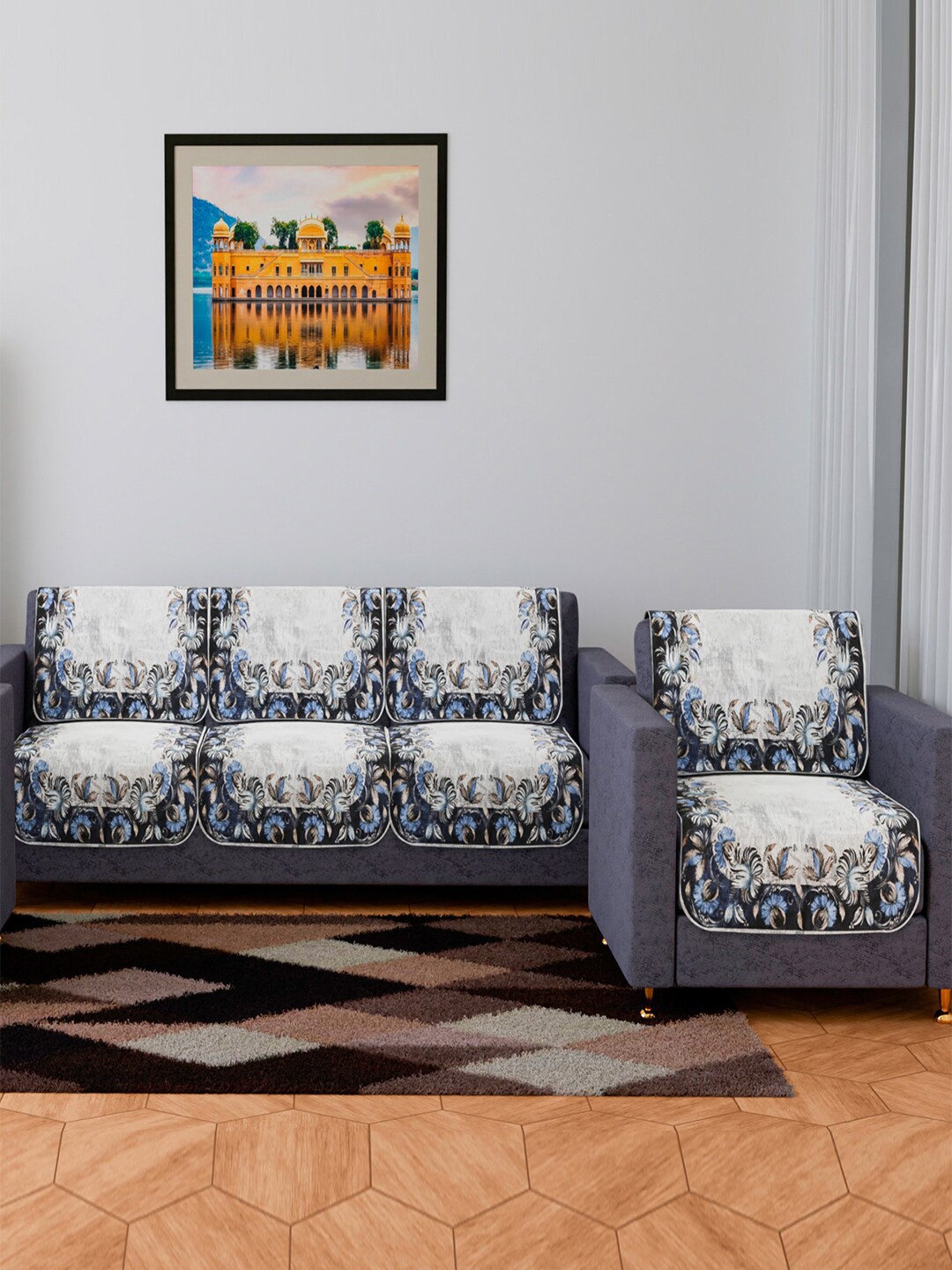 

Kuber Industries Grey & Blue 8 Pieces Floral-Printed 3+1 Seater Velvet Sofa Covers
