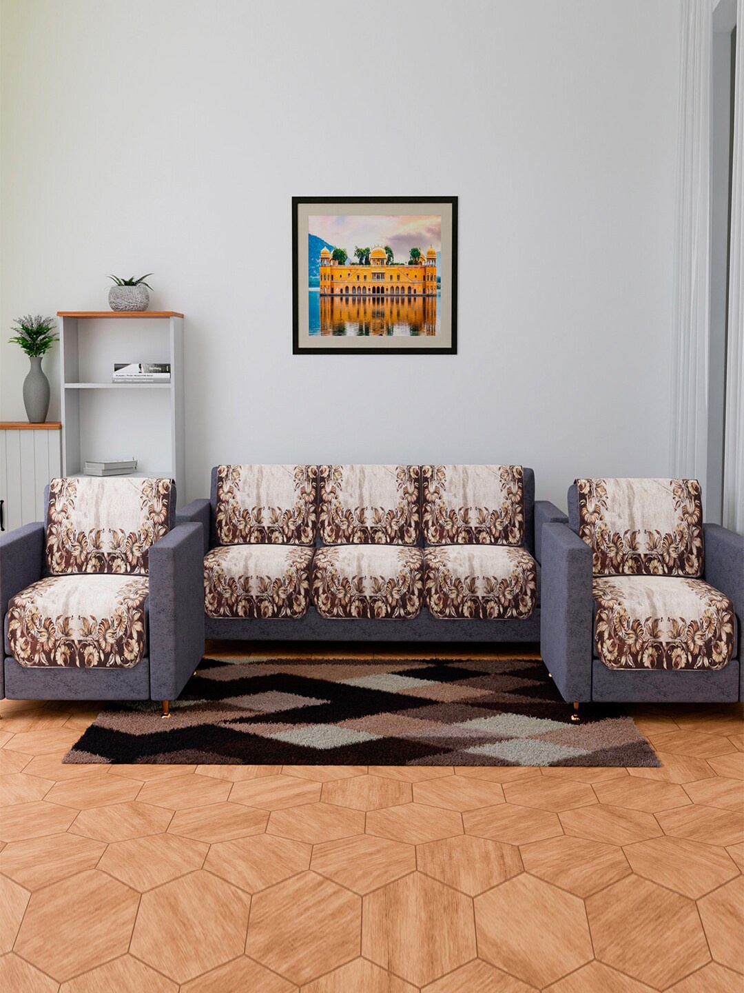

Kuber Industries Brown 10-Pieces Floral Printed 5 Seater Velvet Sofa Covers, Gold