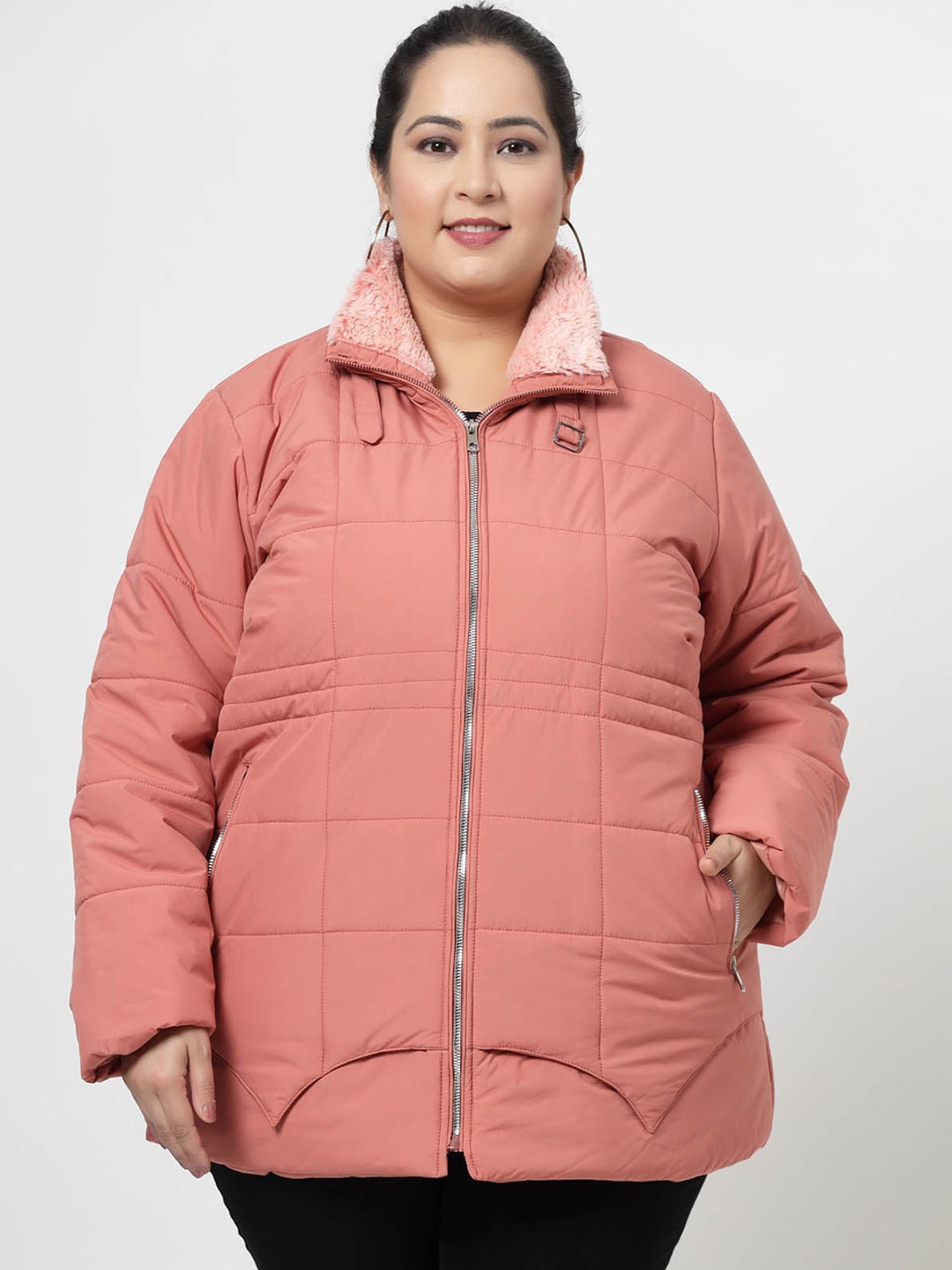 

plusS Pink Longline Faux Fur Trim Padded Jacket