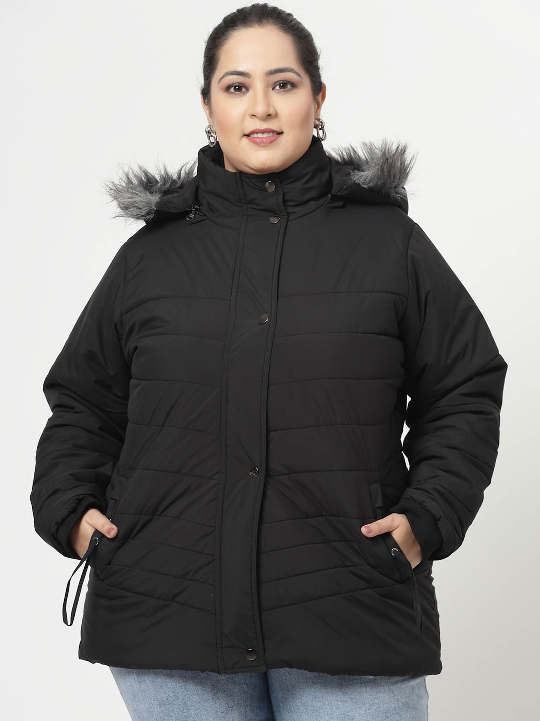 

plusS Black Longline Faux Fur Trim Parka Jacket