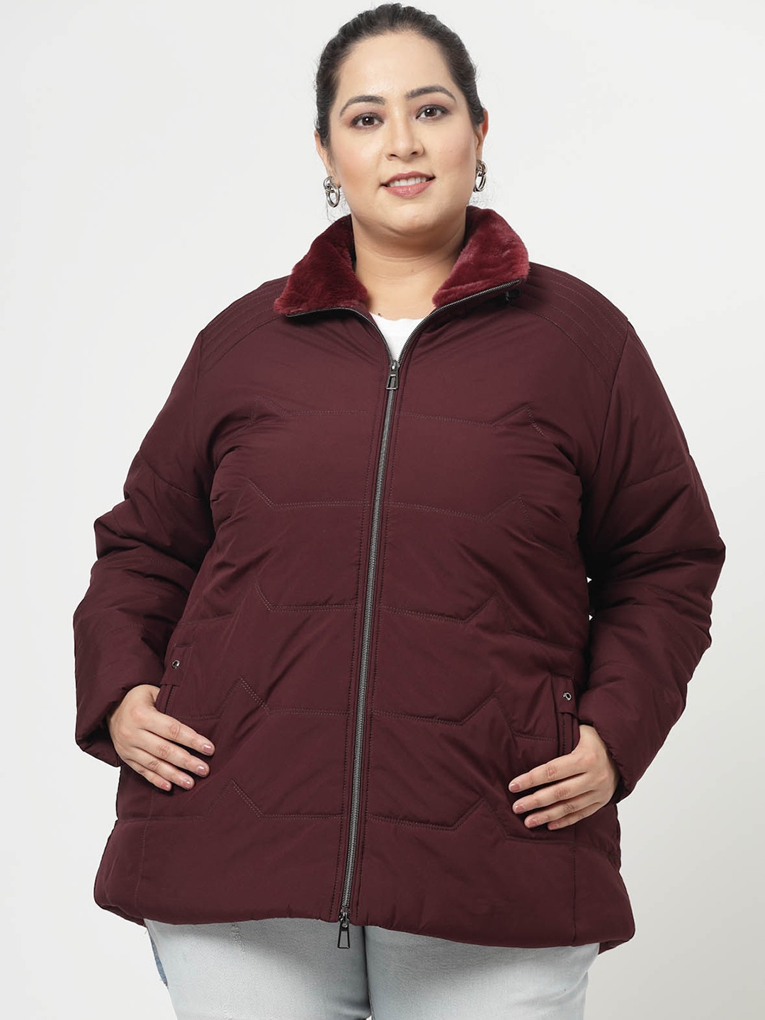 

plusS Burgundy Longline Faux Fur Trim Padded Jacket