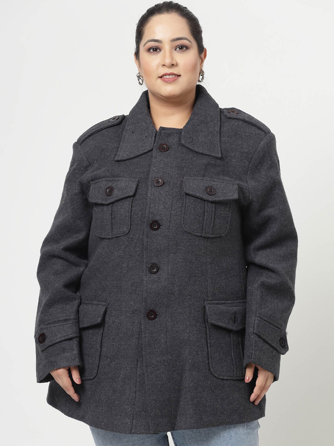 

plusS Charcoal-Coloured Spread Collar Fleece Overcoat