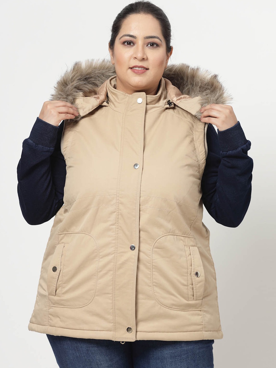 

plusS Beige Plus Size Longline Faux Fur Trim Parka Jacket