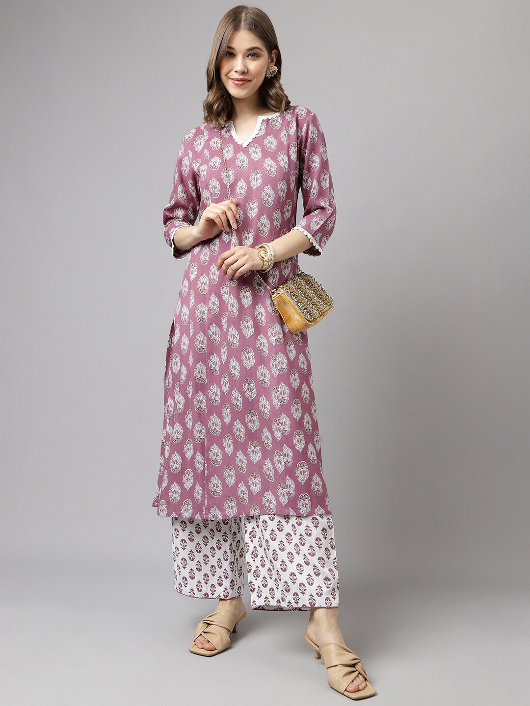 

FIORRA Ethnic Motifs Printed Regular Pure Cotton Kurta With Palazzos, Purple
