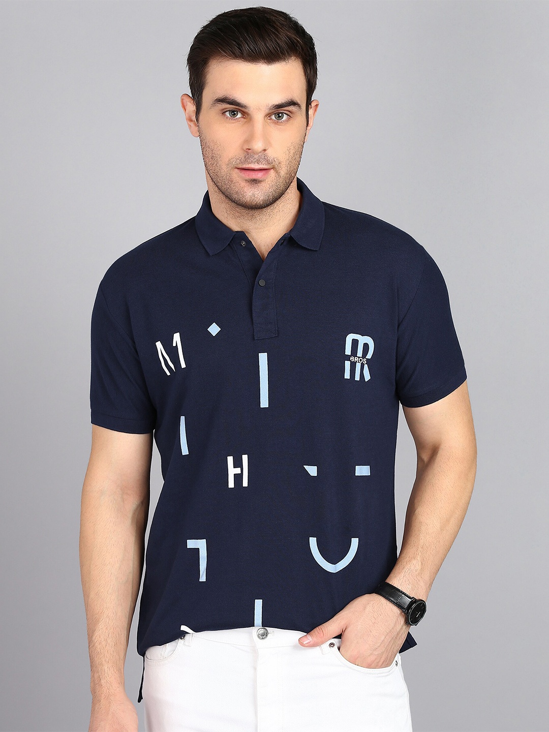 

3BROS Typography Printed Polo Collar Slim Fit T-shirt, Navy blue