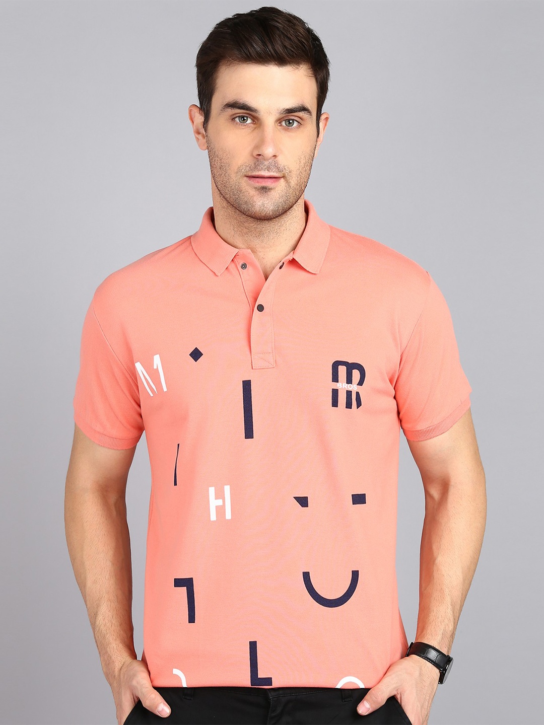 

3BROS Conversational Printed Polo Collar Slim Fit T-shirt, Peach