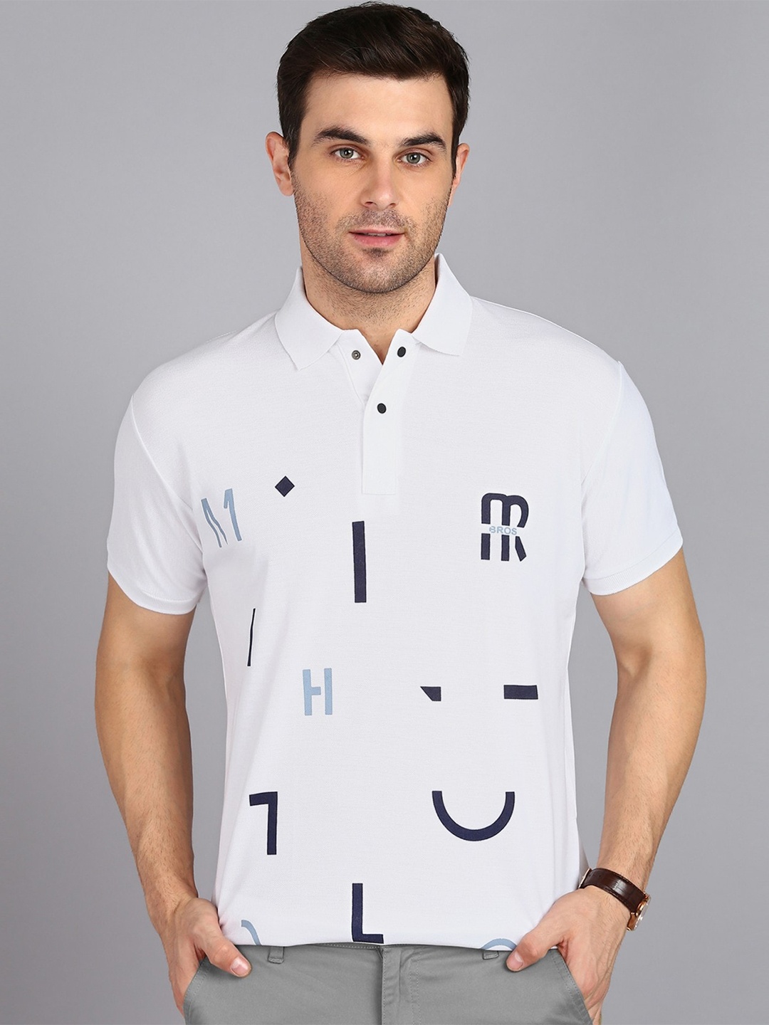 

3BROS Conversational Printed Polo Collar Slim Fit T-shirt, White