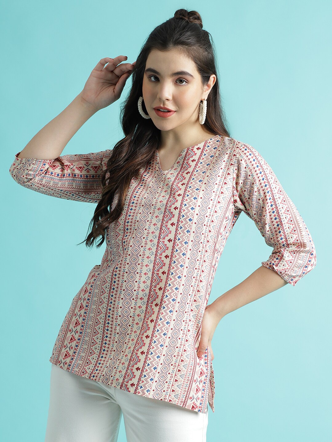 

Colors of Earth Ethnic Motifs Printed Round Neck A-Line Top, Pink