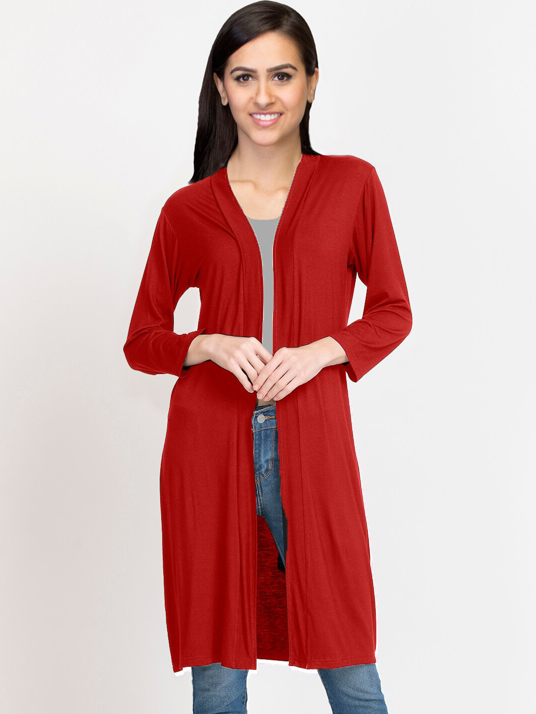 

urSense Longline Cotton Open Front Shrug, Red