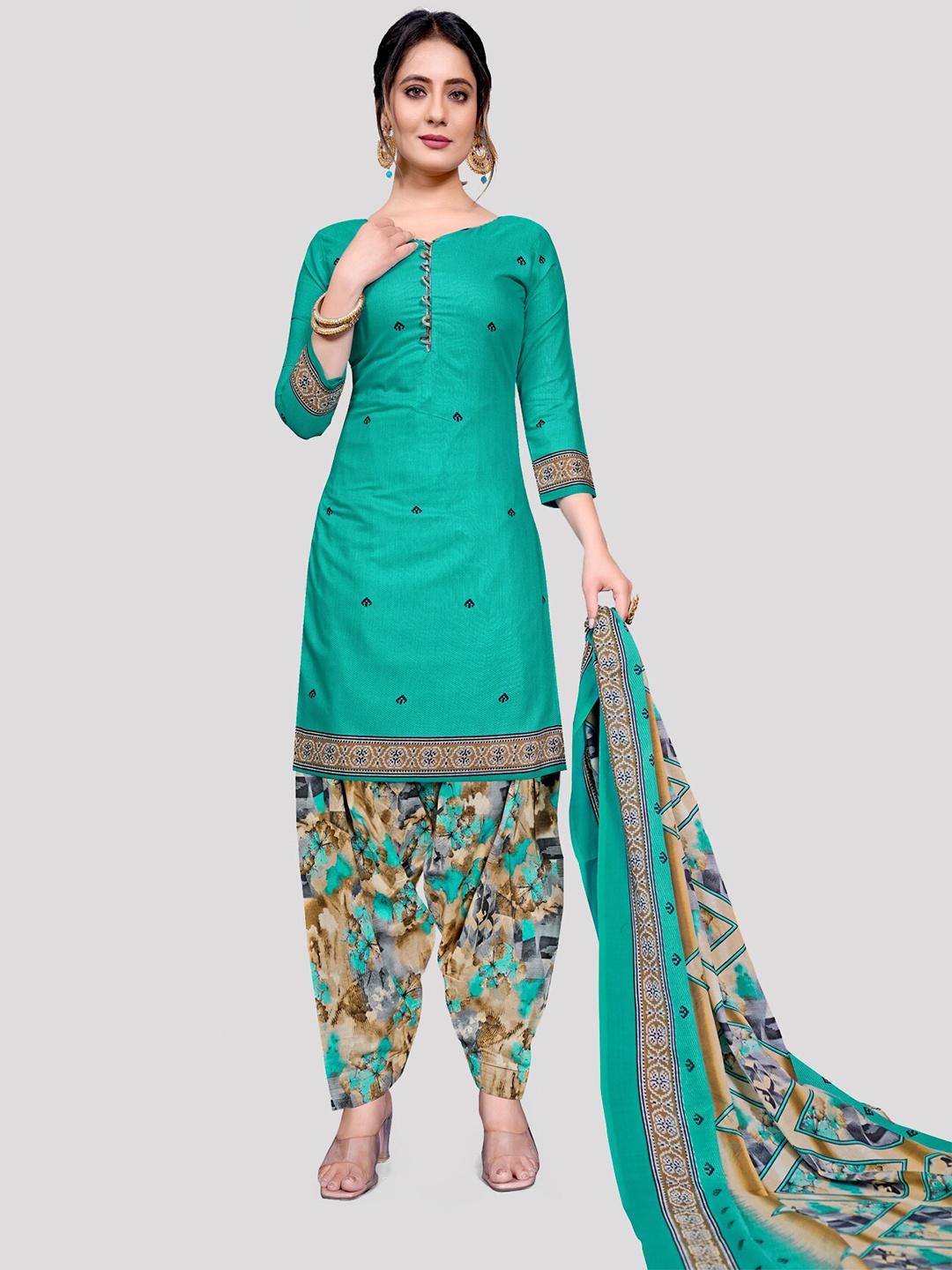 

KALINI Ethnic Motifs Printed Unstitched Dress Material, Sea green