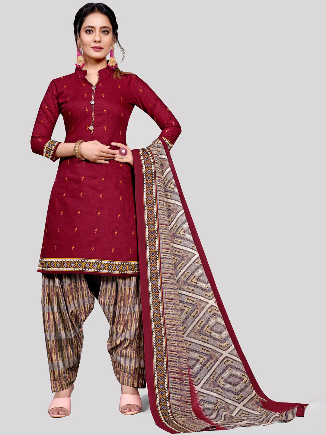 

KALINI Geometric Printed Unstitched Dress Material, Maroon