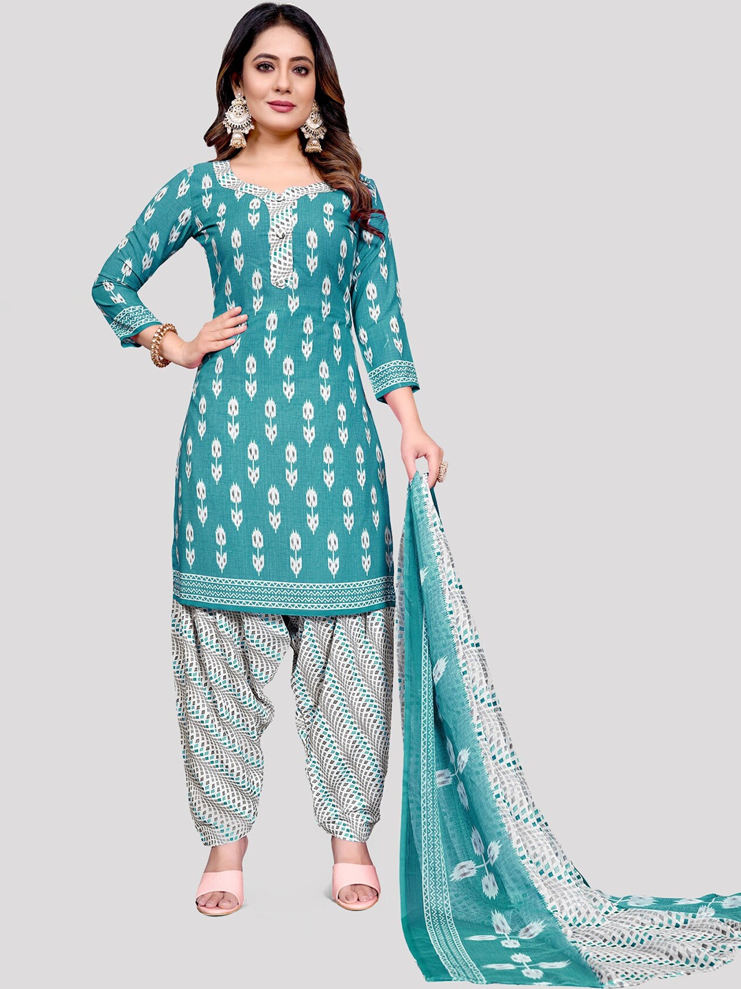 

KALINI Ethnic Motifs Printed Unstitched Dress Material, Teal