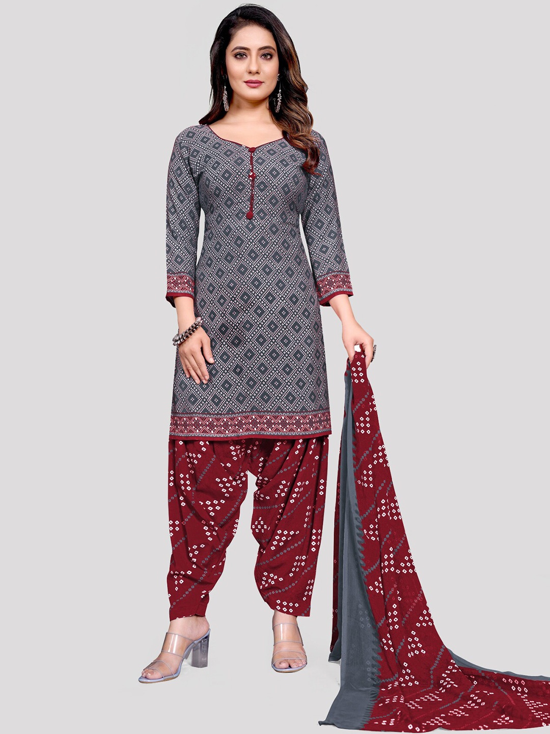 

KALINI Geometric Printed Unstitched Dress Material, Grey
