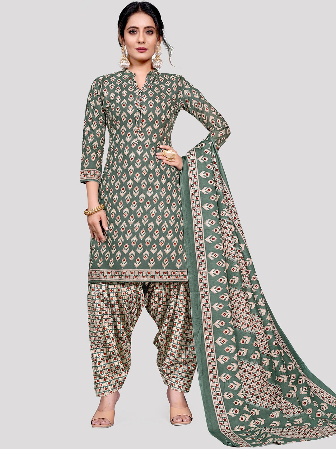 

KALINI Ethnic Motifs Printed Unstitched Dress Material, Green