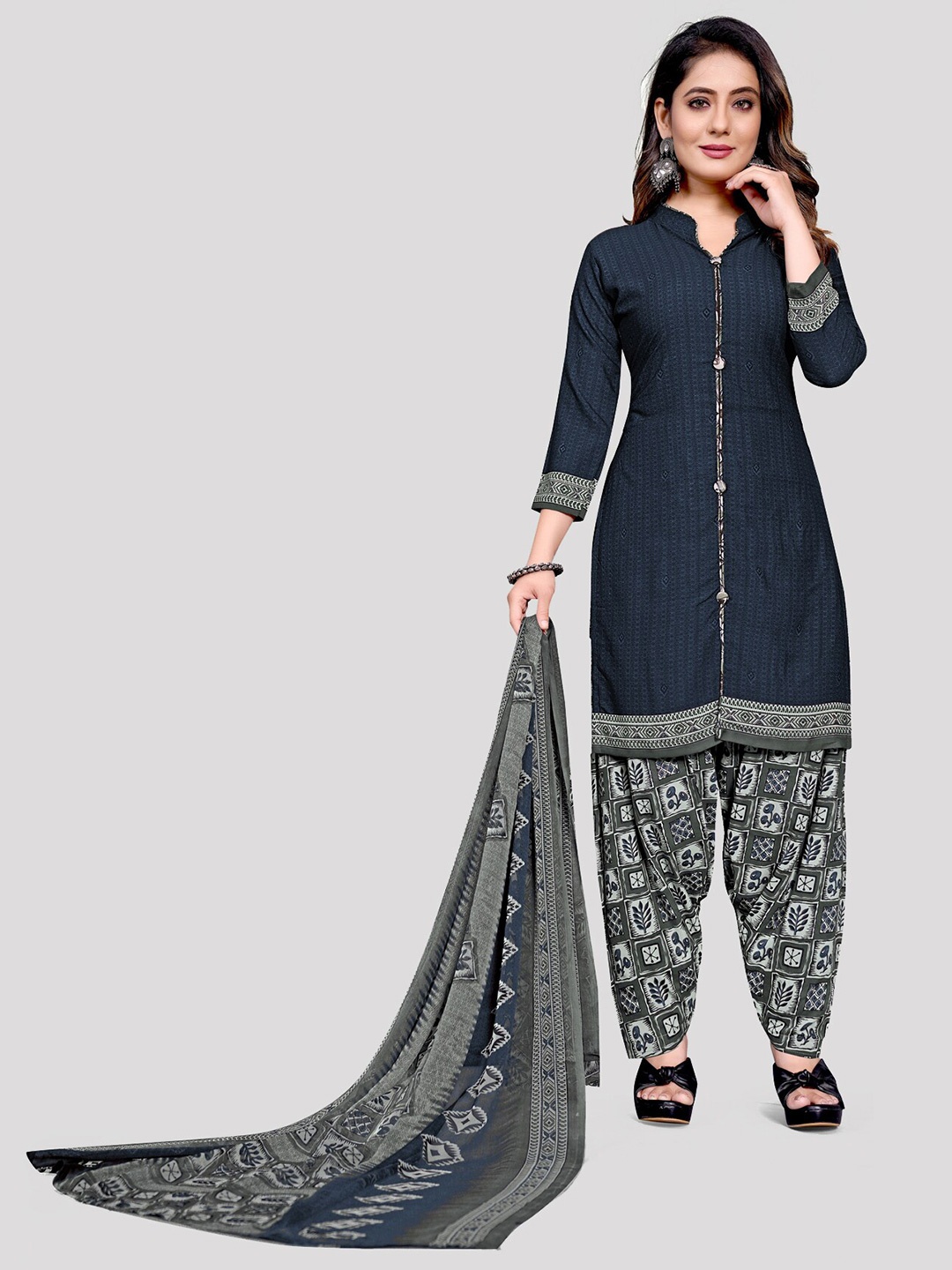 

KALINI Geometric Printed Unstitched Dress Material, Navy blue