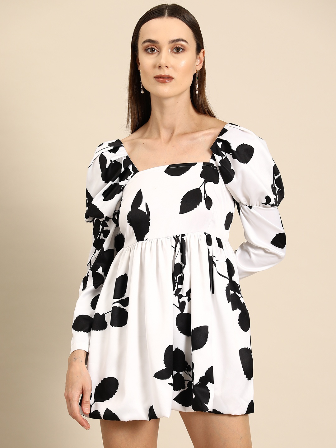 

DODO & MOA Abstract Print Puff Sleeve Satin Fit & Flare Mini Dress, White