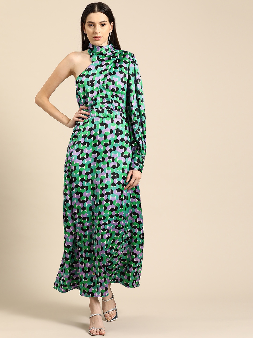 

DODO & MOA Abstract Print Puff Sleeve Satin Maxi Dress, Green