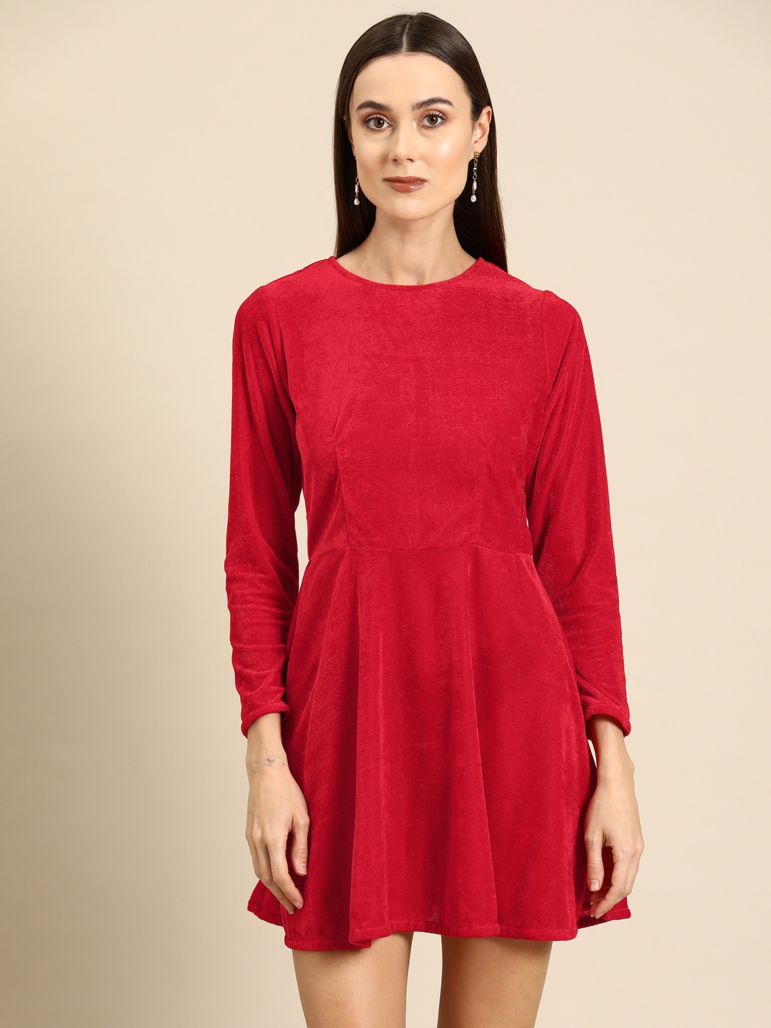 

DODO & MOA Solid Velvet Fit & Flare Mini Dress, Red