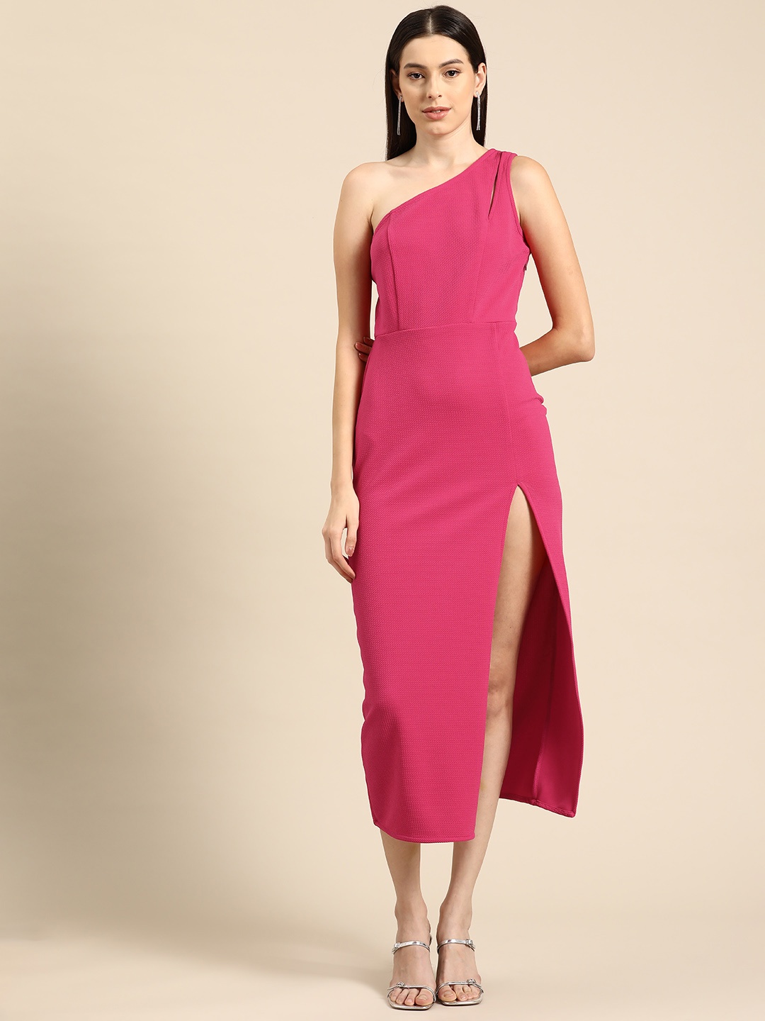 

DODO & MOA Solid One Shoulder Sheath Midi Dress, Pink