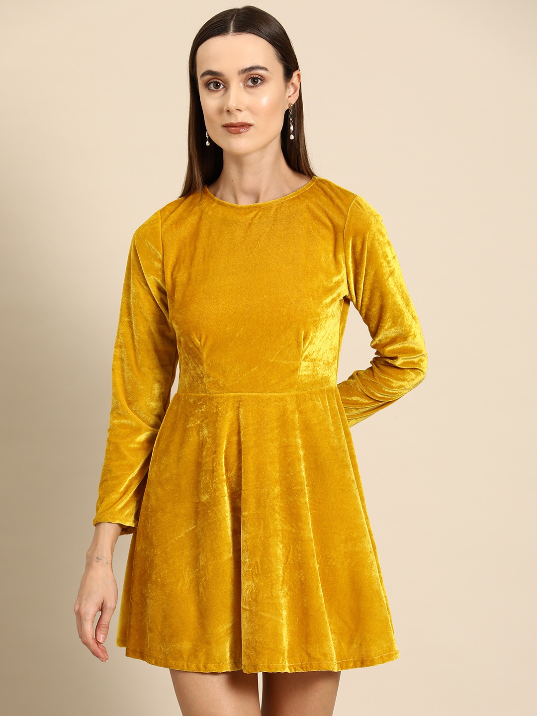 

DODO & MOA Solid Velvet A-Line Mini Dress, Mustard