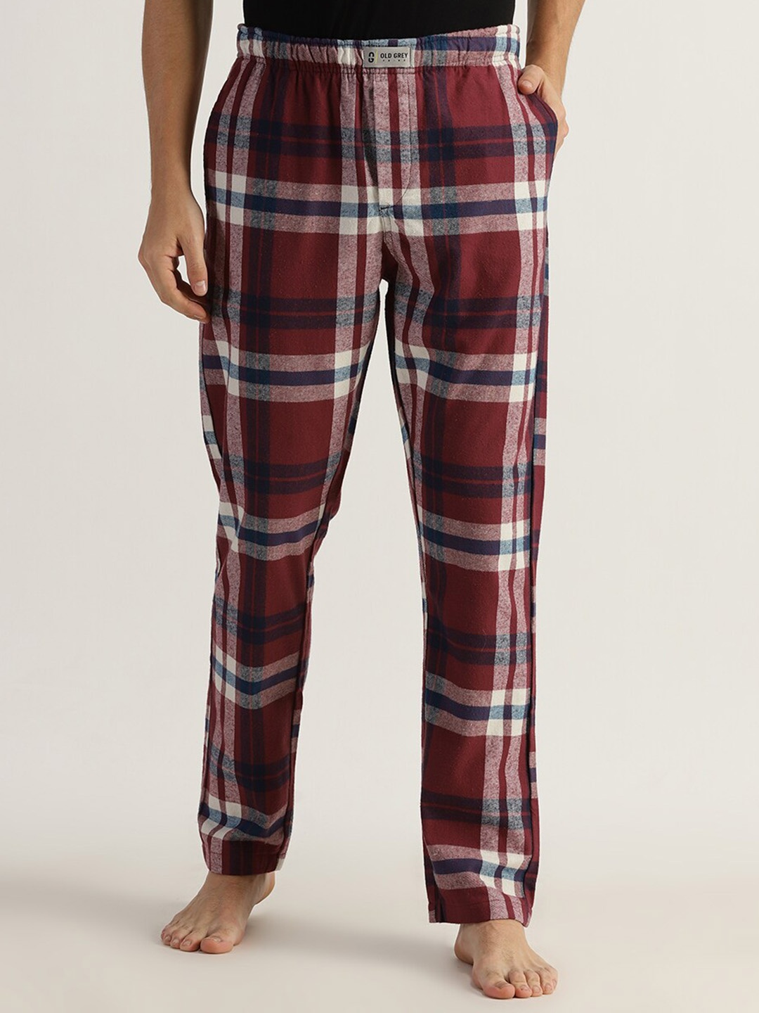 

Old Grey Men Checked Cotton Mid-Rise Lounge Pants, Red