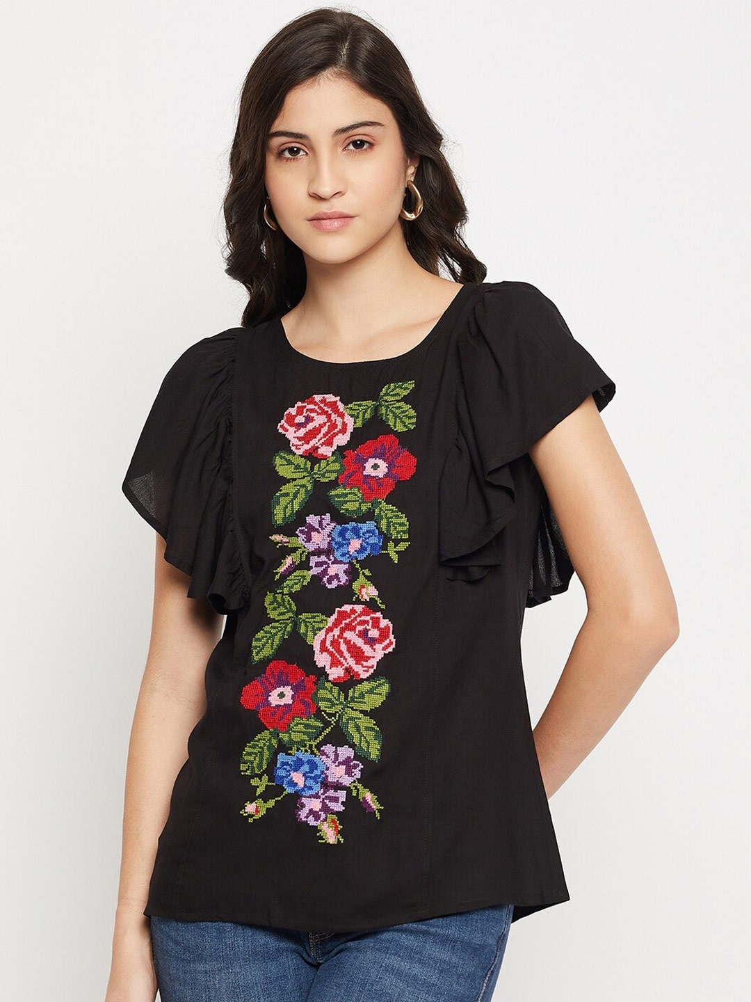 

BAESD Floral Embroidered Flutter Sleeves Top, Black