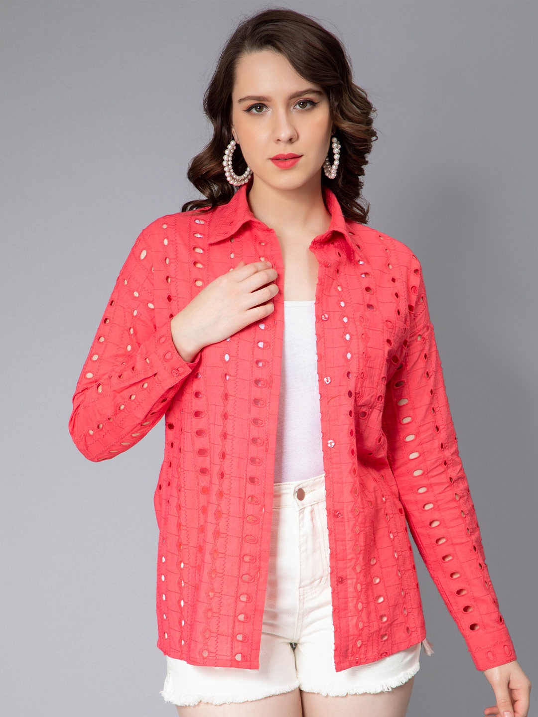 

NUEVOSDAMAS Straight Textured Self Design Spread Collar Schiffli Cotton Casual Shirt, Pink