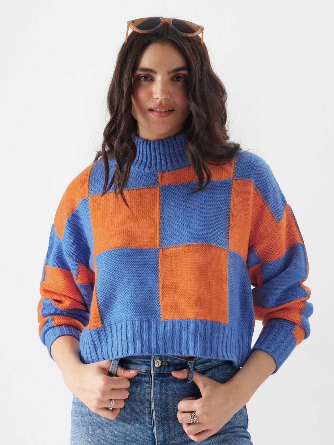 

The Souled Store Turtle Neck Checked Sweatshirt, Blue
