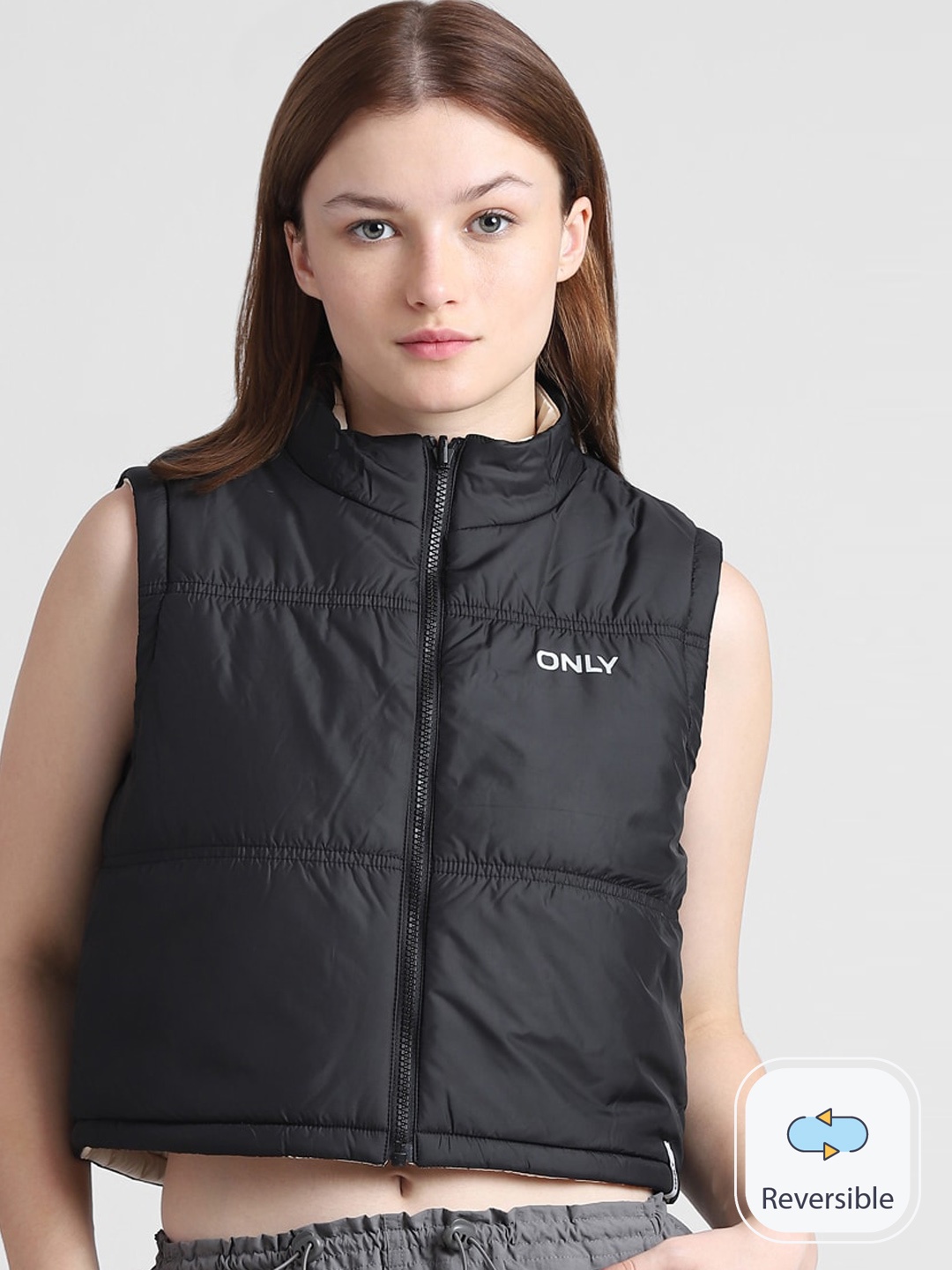 

ONLY Mandarin Collar Sleeveless Reversible Crop Padded Jacket, Black