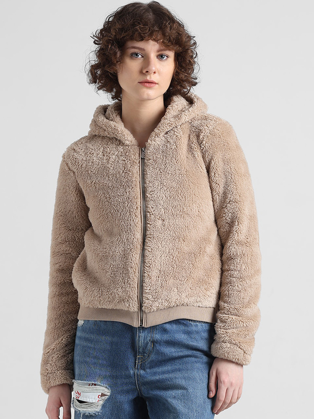 

ONLY Hooded Neck Long Sleeve Front-Open Sweater, Beige