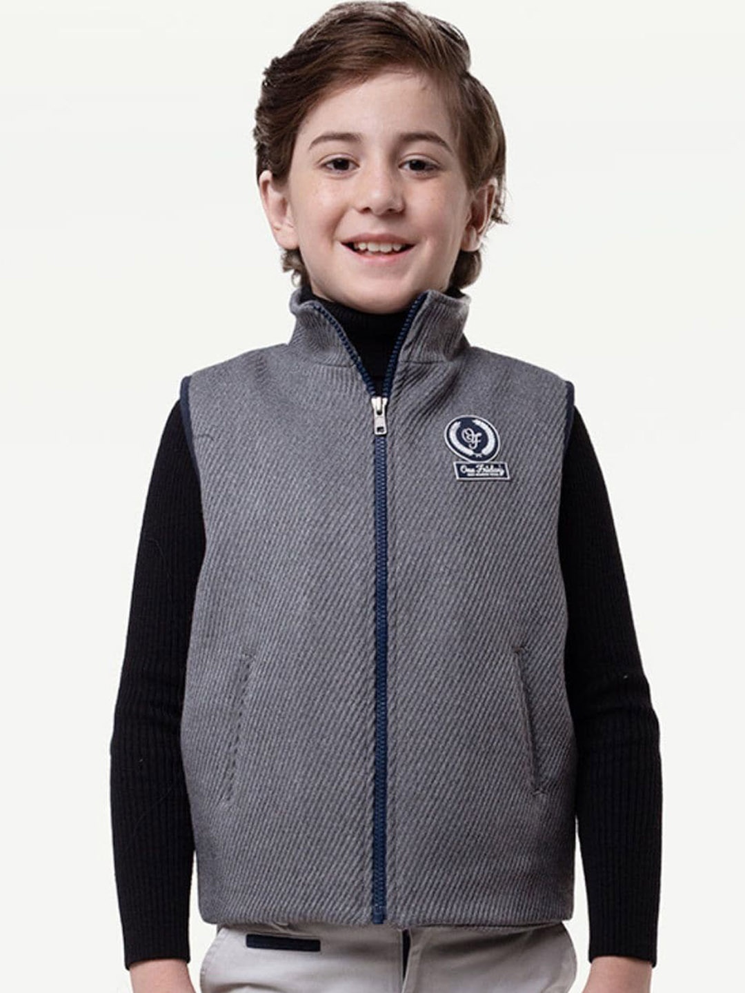 

One Friday Boys Self Designed Sleeveless Open Front Jacket, Grey
