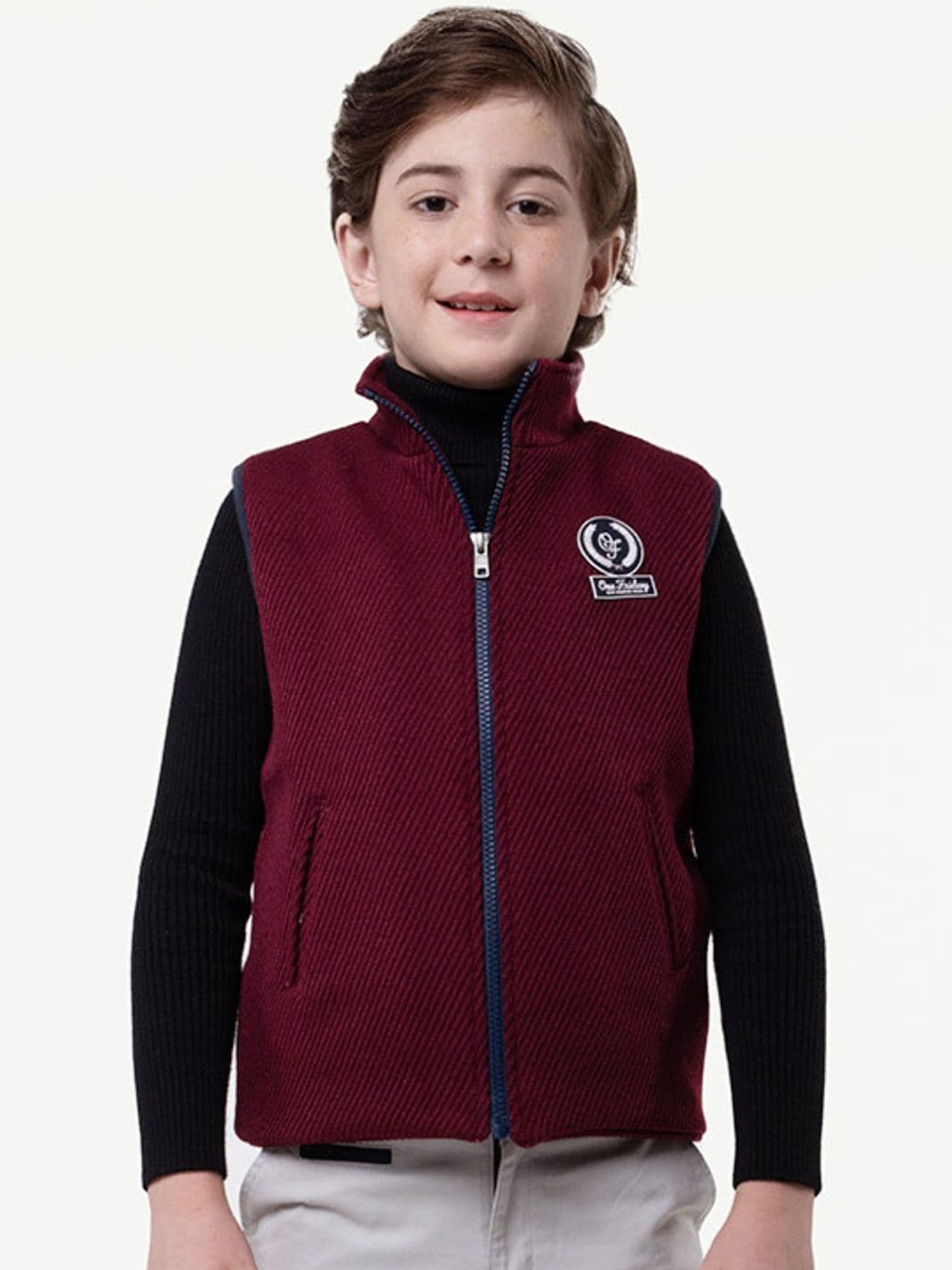 

One Friday Boys Self Designed Sleeveless Open Front Jacket, Maroon