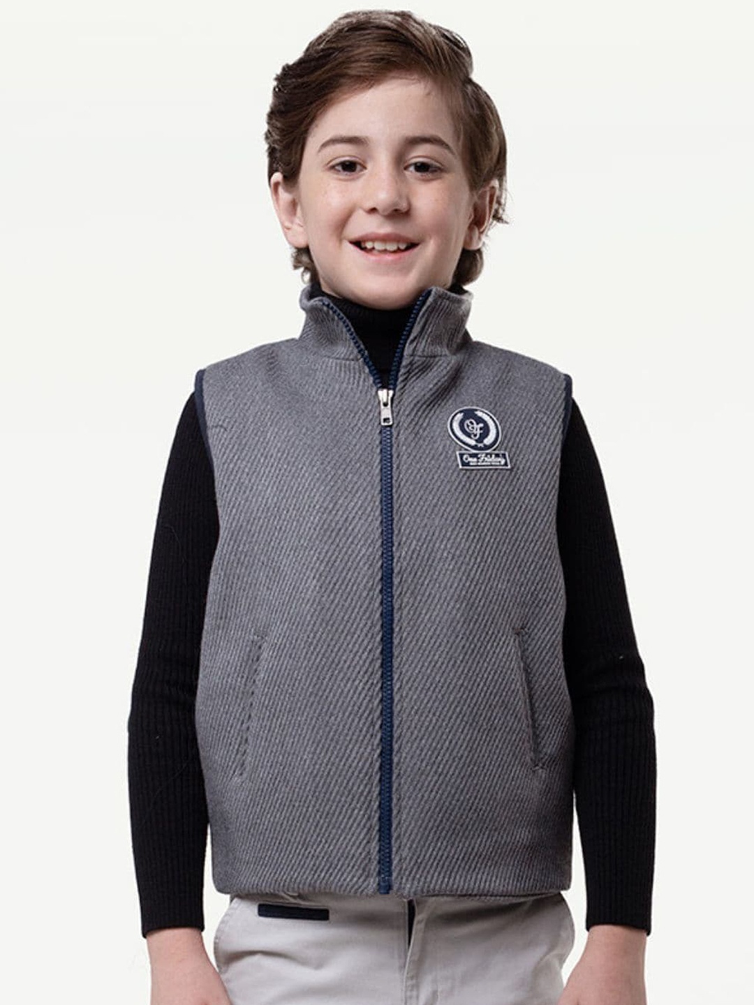 

One Friday Boys Self Designed Sleeveless Open Front Jacket, Grey
