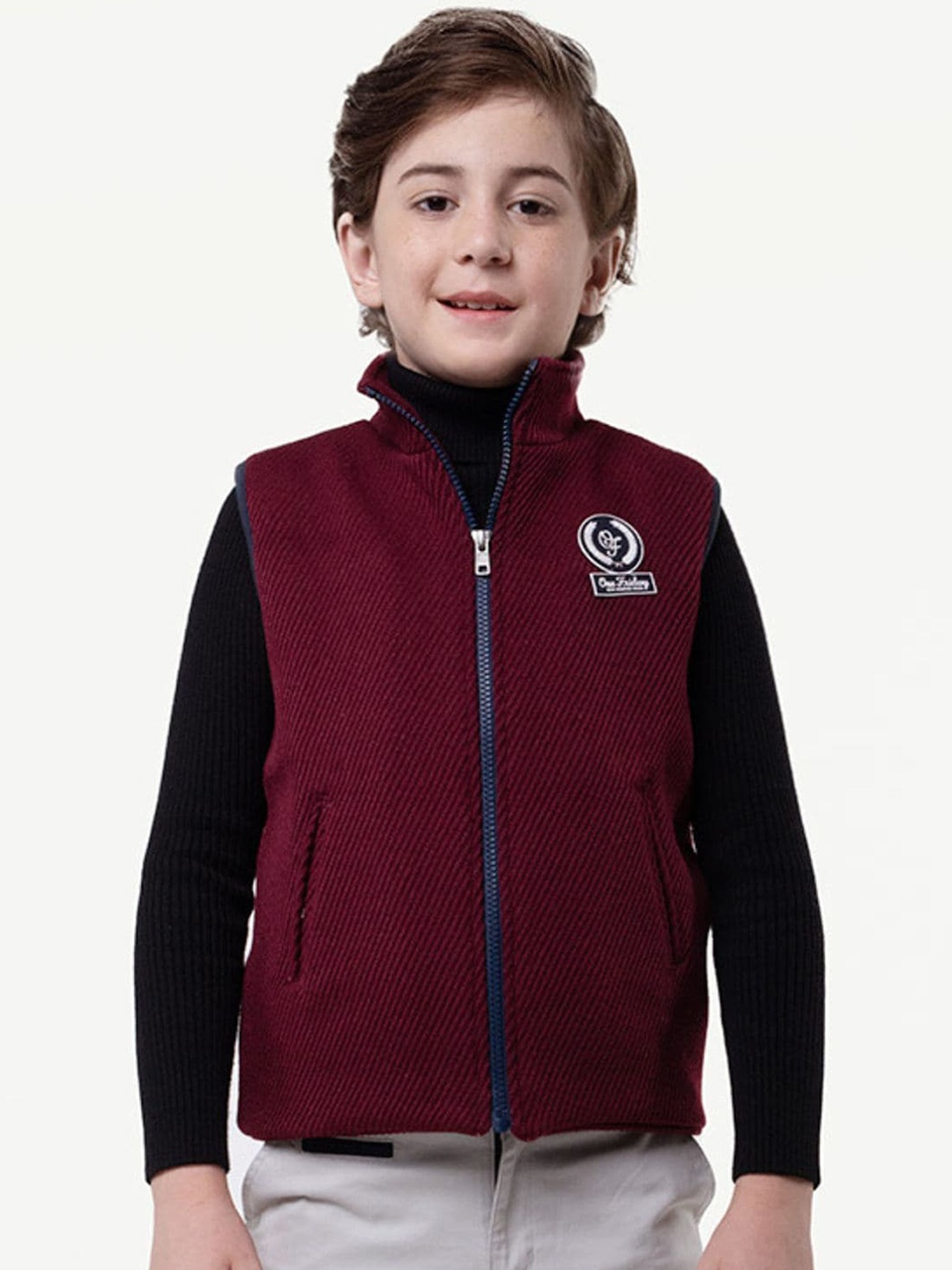 

One Friday Boys Self Designed Sleeveless Open Front Jacket, Maroon