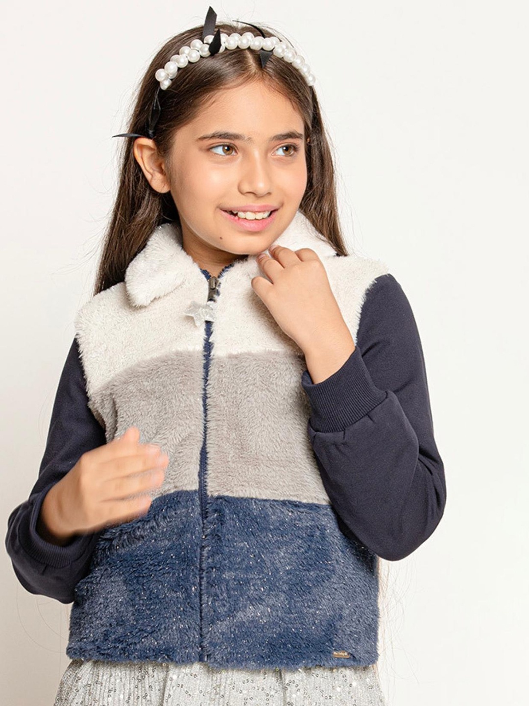 

One Friday Girls Colourblocked Open Front Jacket, Navy blue