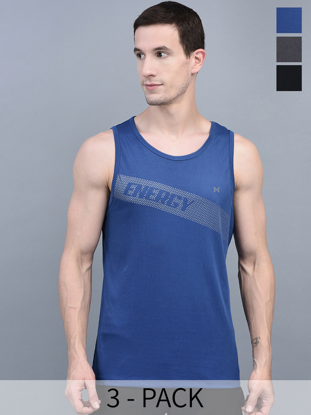 

Force NXT Men Pack of 3 Typography Print Anti-Viral Anti-Odour Cool Sports Tank T-shirts, Blue