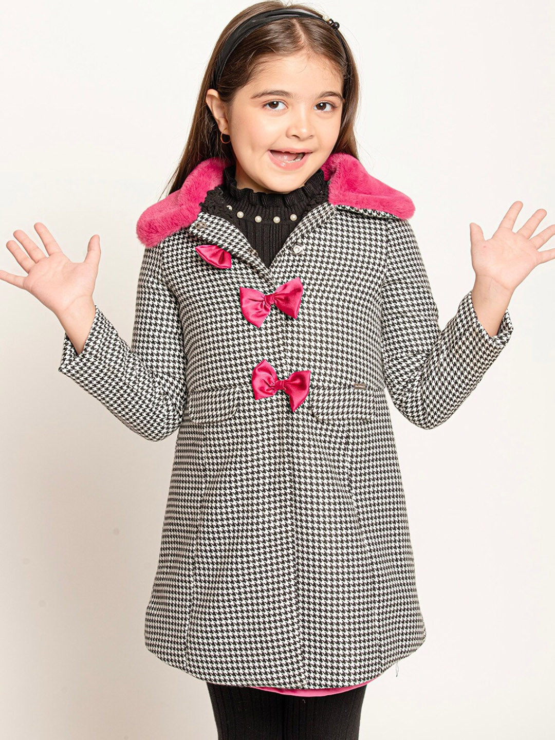 

One Friday Girls Checked Spread Collar Longline Overcoat, Black