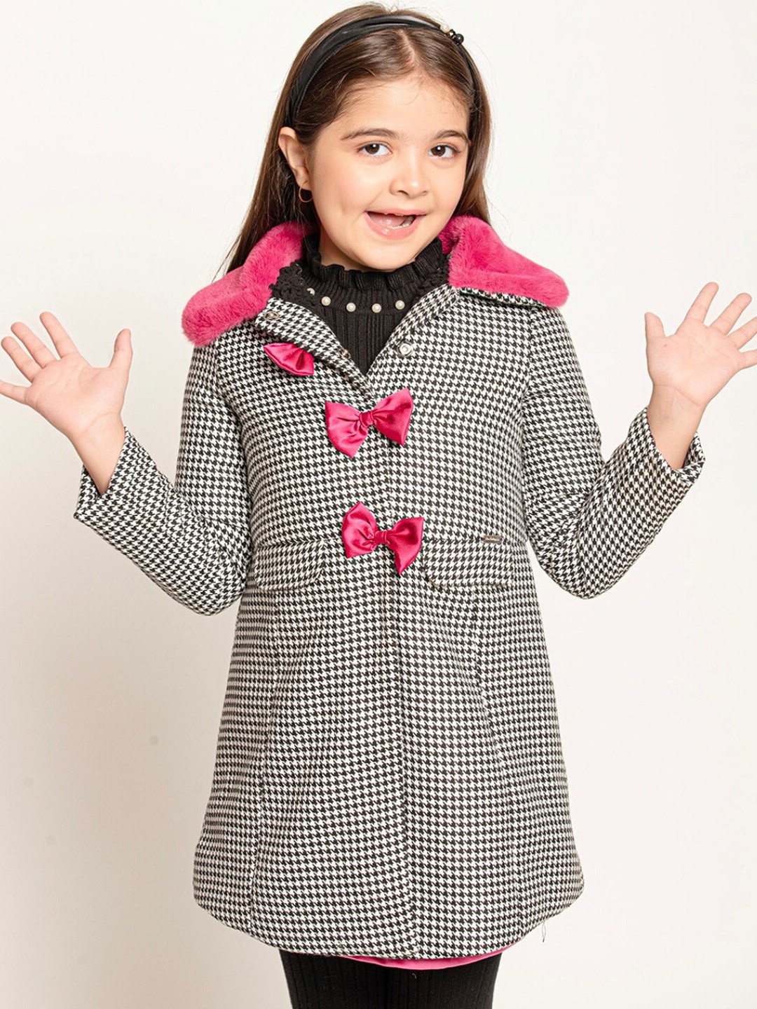 

One Friday Girls Checked Spread Collar Longline Overcoat, Black