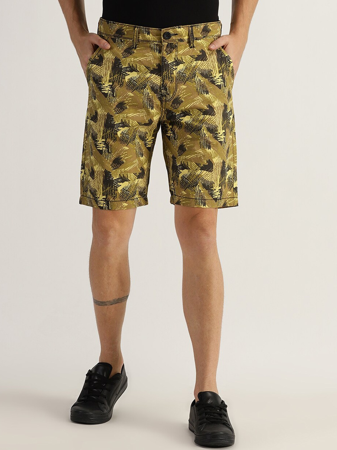 

Old Grey Men Mid-Rise Abstract Printed Cotton Shorts, Yellow